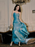 Blue Mermaid Long Sweetheart Floor Length Party Dress, Blue Satin Prom Dress HZ1024