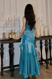 Blue Mermaid Long Sweetheart Floor Length Party Dress, Blue Satin Prom Dress HZ1024