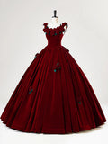 Burgundy Velvet Long Prom Dress with Flower, Beautiful A-Line Formal Party Dress HZ1024
