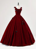 Burgundy Velvet Long Prom Dress with Flower, Beautiful A-Line Formal Party Dress HZ1024