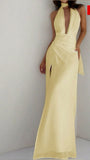 Light Yellow Halter Neck Deep V Neck Backless Chiffon Slit Mermaid Ball Gown Evening Dress HZ1024