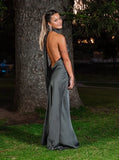 Elegant Gray Halter Neck Low Cut Backless Satin Formal Prom Dress Evening Gown HZ1024
