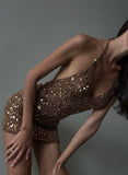 Sexy Halter Neck Deep V Neck Off Shoulder Backless Sequin Mini Party Dress Prom Dress HZ1024
