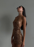 Sexy Halter Neck Deep V Neck Off Shoulder Backless Sequin Mini Party Dress Prom Dress HZ1024