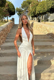 Elegant White A-line Deep V Neck Chiffon Waist Pleated Slit Long Ball Gown Evening Dress HZ1024