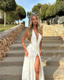 Elegant White A-line Deep V Neck Chiffon Waist Pleated Slit Long Ball Gown Evening Dress HZ1024