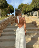 Elegant White A-line Deep V Neck Chiffon Waist Pleated Slit Long Ball Gown Evening Dress HZ1024