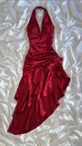 Chic Red Halter Neck Irregular Hem Satin Mermaid Ball Gown HZ1024