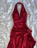 Chic Red Halter Neck Irregular Hem Satin Mermaid Ball Gown HZ1024