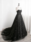 Charming Black Sweethart Tulle Straps A-line Long Formal Dress, Black Prom Dress HZ1024