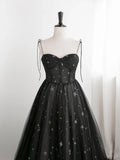 Charming Black Sweethart Tulle Straps A-line Long Formal Dress, Black Prom Dress HZ1024