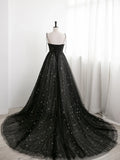 Charming Black Sweethart Tulle Straps A-line Long Formal Dress, Black Prom Dress HZ1024
