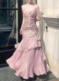 Pink Satin Mermaid Straps Long Formal Dress, Pink Floor Length Prom Dress HZ1024