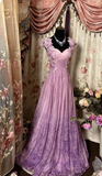 Gorgeous Purple A-line 3D Floral Tulle Floor Length Ball Gown Evening Dress HZ1024