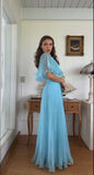 Elegant blue A-line ankle length pleated formal prom dress evening gown HZ1024