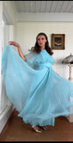 Elegant blue A-line ankle length pleated formal prom dress evening gown HZ1024