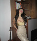 Elegant Gold Mermaid Strapless Pearl Length Ankle Ball Gown Evening Dress HZ1024