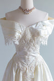 Vintage French Ivory A-line Off-the-shoulder Sequin Beaded Wedding Dress HZ1024
