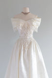 Vintage French Ivory A-line Off-the-shoulder Sequin Beaded Wedding Dress HZ1024