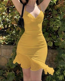 Simple Yellow Mermaid Strap V Neck Ruffle Mini Party Dress Homecoming Dress HZ1024