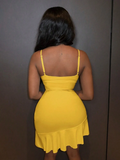Simple Yellow Mermaid Strap V Neck Ruffle Mini Party Dress Homecoming Dress HZ1024