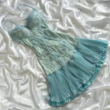 Vintage Blue Strapless A-Line Lace Midi Birthday Party Dress Prom Dress HZ1024