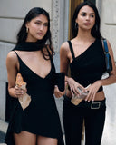 Sexy Black Strap Deep V Neck Chiffon Mini Ball Gown Evening Dress HZ1024