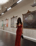 Sexy Red Strap Deep V Neck Mermaid Length Ankle Ball Gown Evening Dress HZ1024