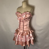 Sweet Pink Two Piece Satin Strapless Sweetheart Neck Mini Birthday Party Dress Prom Dress HZ1024