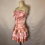 Sweet Pink Two Piece Satin Strapless Sweetheart Neck Mini Birthday Party Dress Prom Dress HZ1024