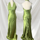 Sexy Green Halter Neck Low Cut Satin Mermaid Formal Prom Dress Evening Gown HZ1024