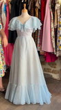 Vintage Sky Blue A-Line V-Neck Ruffled Tulle Ball Gown Evening Gown HZ1024
