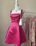Bright Pink Strapless A-Line Backless Satin Mini Party Dress Homecoming Dress HZ1024