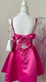 Bright Pink Strapless A-Line Backless Satin Mini Party Dress Homecoming Dress HZ1024