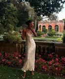 Simple Champagne Strap Sequin Mermaid Backless Ball Gown Evening Dress HZ1024