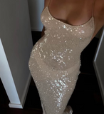 Simple Champagne Strap Sequin Mermaid Backless Ball Gown Evening Dress HZ1024