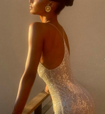 Simple Champagne Strap Sequin Mermaid Backless Ball Gown Evening Dress HZ1024