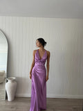 Elegant Lilac Halter Dress V-neck Sleeveless Satin Formal Dress Prom Dress Evening Dress HZ1024