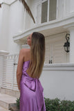 Elegant Lilac Halter Dress V-neck Sleeveless Satin Formal Dress Prom Dress Evening Dress HZ1024