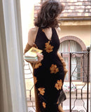 Elegant Mermaid Halter Neck Deep V Neck Velvet Printed Ball Gown Evening Dress HZ1024