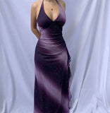 Retro Gradient Purple Halter Neck Deep V Neck Mermaid Ball Gown Evening Dress HZ1024