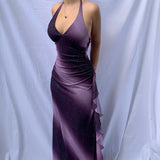 Retro Gradient Purple Halter Neck Deep V Neck Mermaid Ball Gown Evening Dress HZ1024