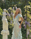 Elegant Blue Printed V-Neck Short Sleeve Ruffle Satin Ball Gown Evening Dress HZ1024