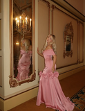 Sweet Pink Off-the-shoulder Satin Bow Mermaid Floor-length Birthday Party Dress Prom Dress HZ1024