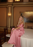 Sweet Pink Off-the-shoulder Satin Bow Mermaid Floor-length Birthday Party Dress Prom Dress HZ1024