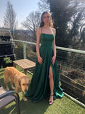 Green halter neck off-shoulder slit satin floor-length simple ball gown evening dress HZ1024