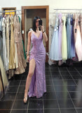 Charming Purple Spaghetti Strap Sequin Slit Formal Prom Dress Evening Gown HZ1024