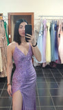Charming Purple Spaghetti Strap Sequin Slit Formal Prom Dress Evening Gown HZ1024
