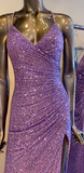 Charming Purple Spaghetti Strap Sequin Slit Formal Prom Dress Evening Gown HZ1024