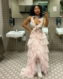 Sexy Pink A-line Low Neck Sleeveless Tulle Long Ball Gown Evening Dress HZ1024